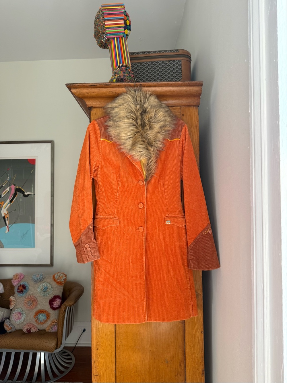 Arizona Designer-Southwestern Orange Corduroy Coat w/ Faux Fur Detachable Collar